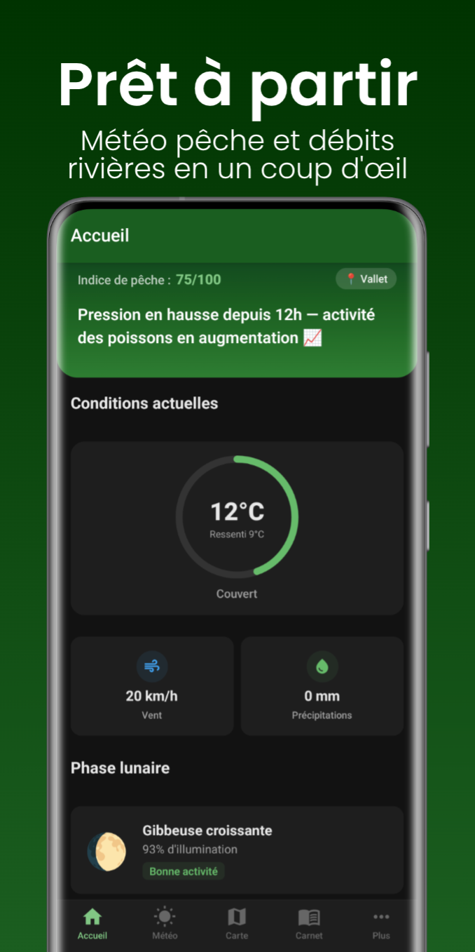 Écran d'accueil — météo pêche et phase lunaire